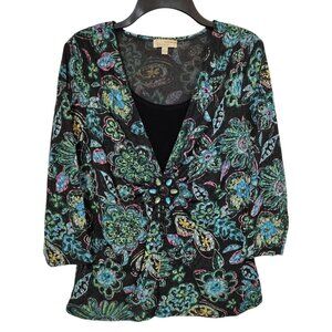 Choices 3/4 Sleeve Layered-Look Blouse Stretch Black Green Women's Size Large